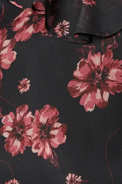 Pink Floral Chiffon Ruffle Front Long Sleeve Blouse