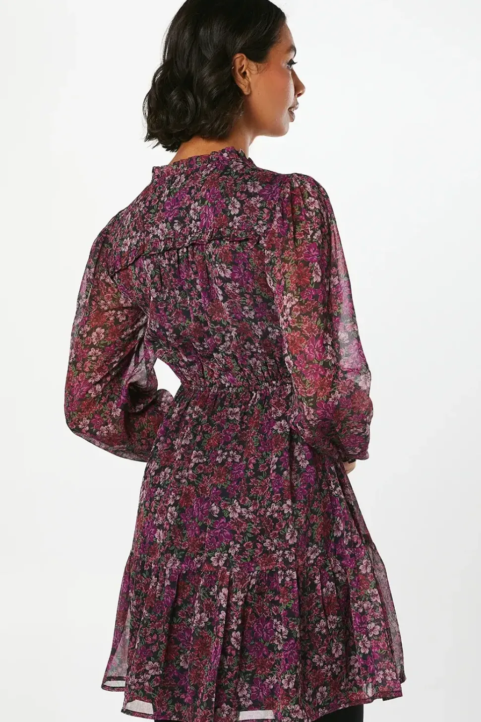 Pink Floral Chiffon Ruffle Hem Long Sleeve Mini Dress