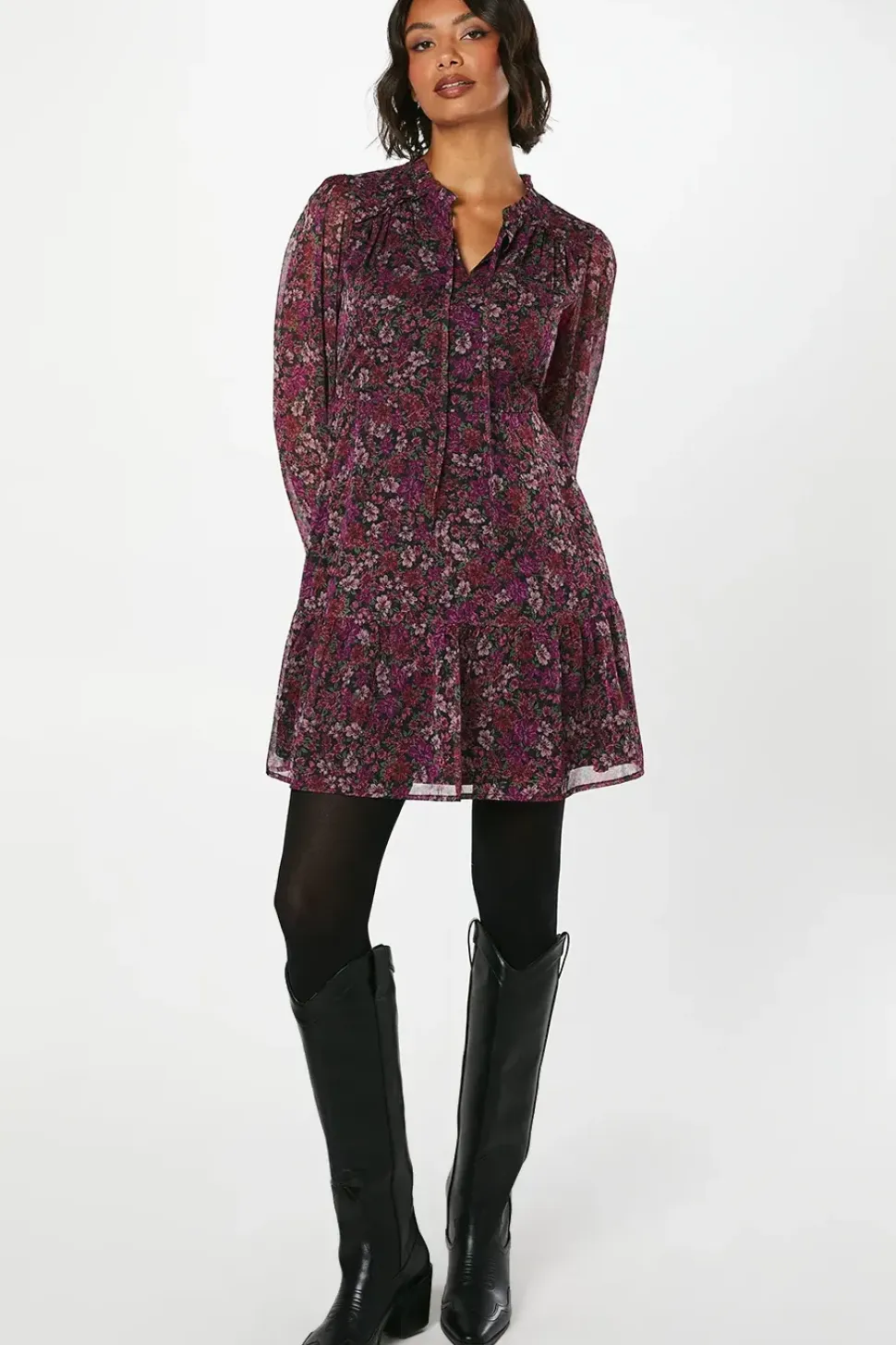 Pink Floral Chiffon Ruffle Hem Long Sleeve Mini Dress