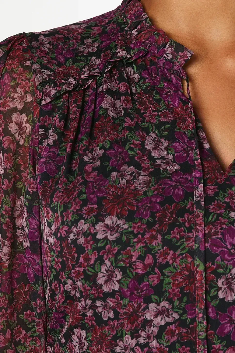 Pink Floral Chiffon Ruffle Hem Long Sleeve Mini Dress