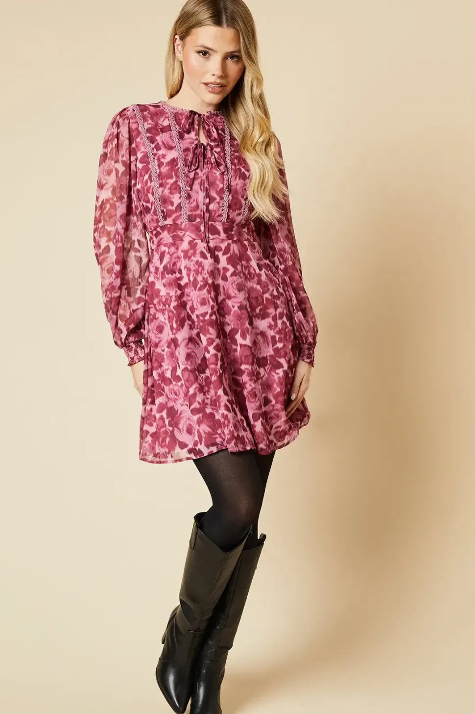 Pink Floral Double Tie Lace Trim Tie Back Shirred Cuff Mini Dress
