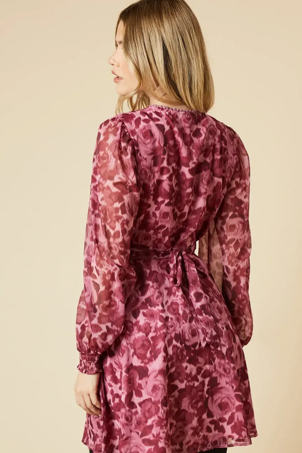 Pink Floral Double Tie Lace Trim Tie Back Shirred Cuff Mini Dress