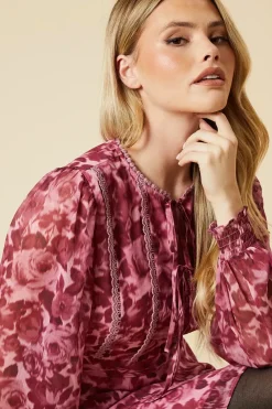 Pink Floral Double Tie Lace Trim Tie Back Shirred Cuff Mini Dress