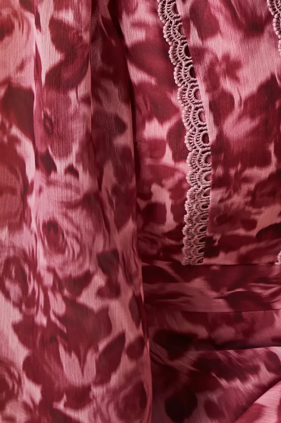 Pink Floral Double Tie Lace Trim Tie Back Shirred Cuff Mini Dress