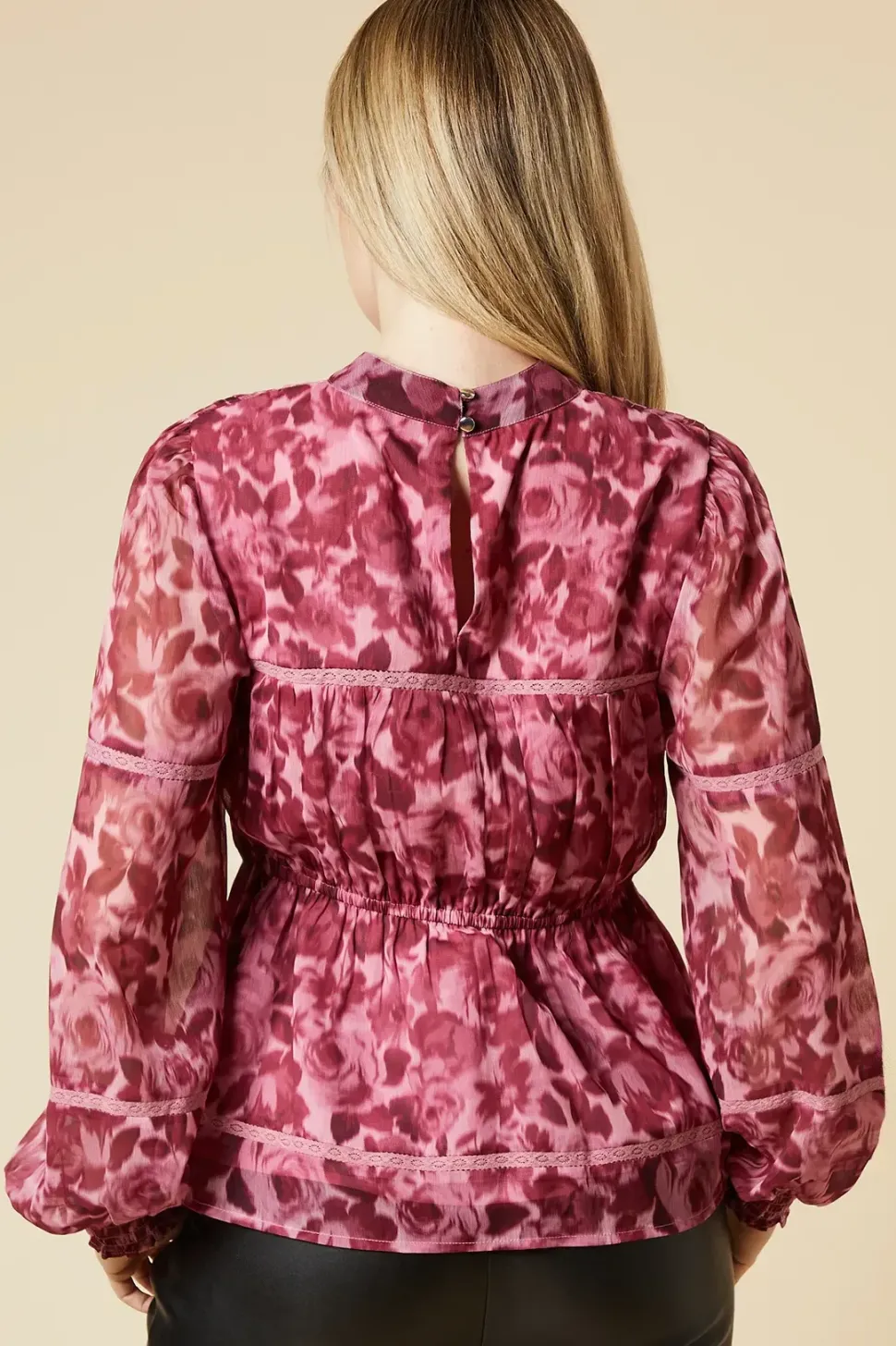 Pink Floral Pleated Yoke Chiffon Long Sleeve Blouse