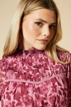 Pink Floral Pleated Yoke Chiffon Long Sleeve Blouse