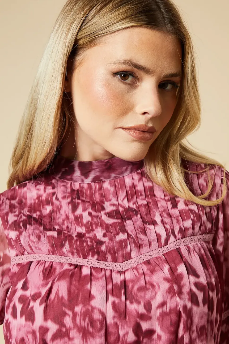 Pink Floral Pleated Yoke Chiffon Long Sleeve Blouse