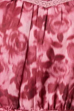 Pink Floral Pleated Yoke Chiffon Long Sleeve Blouse