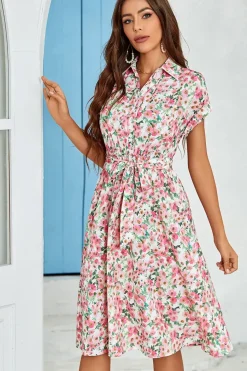 Pink Floral Print Short Sleeve Shirt Midi Dress
