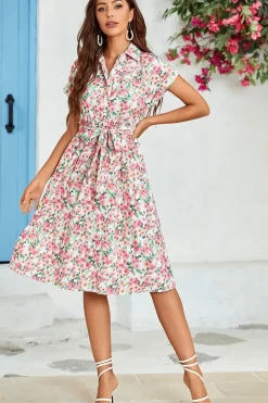 Pink Floral Print Short Sleeve Shirt Midi Dress