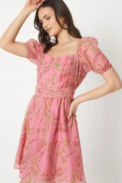 Pink Floral Ruched Bust Organza Mini Dress