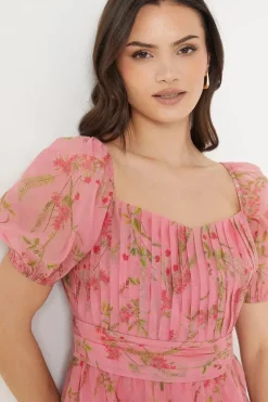 Pink Floral Ruched Bust Organza Mini Dress