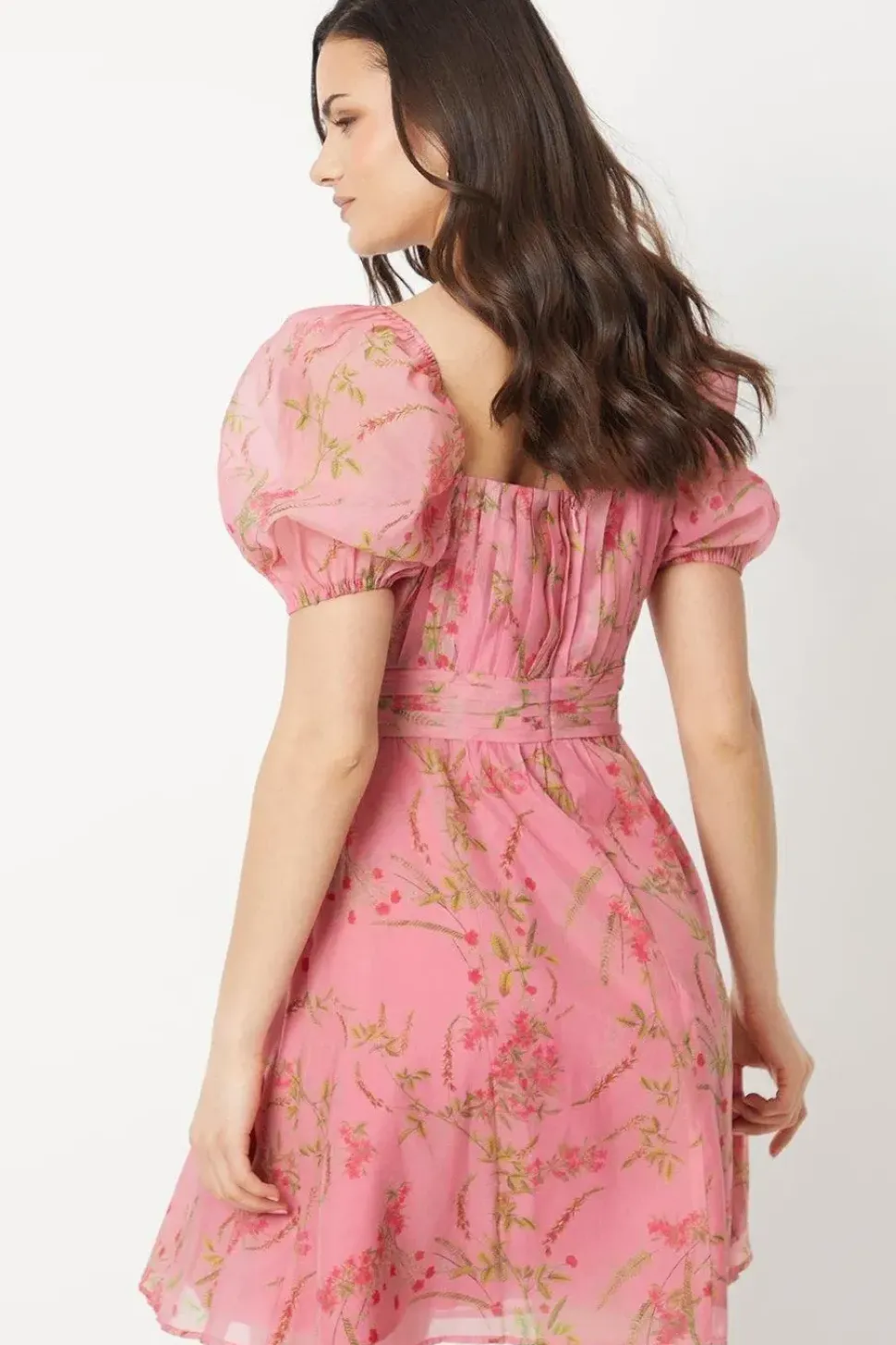 Pink Floral Ruched Bust Organza Mini Dress