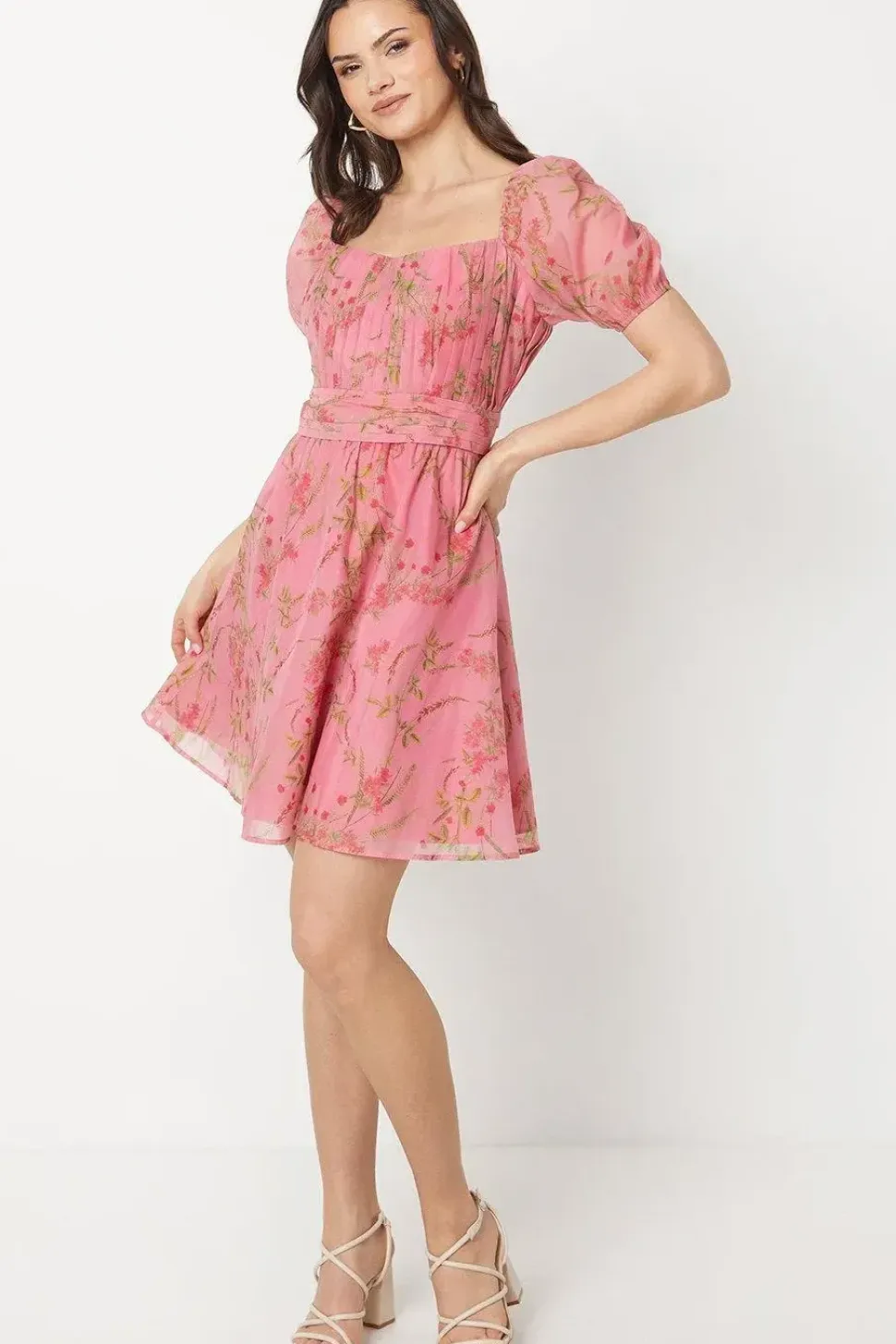 Pink Floral Ruched Bust Organza Mini Dress