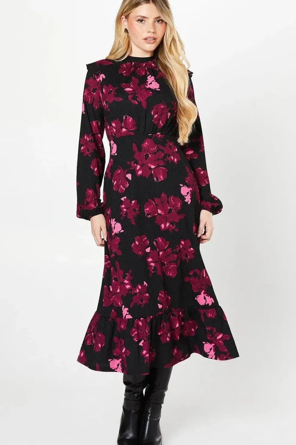 Pink Floral Ruffle Hem Long Sleeve Midi Dress