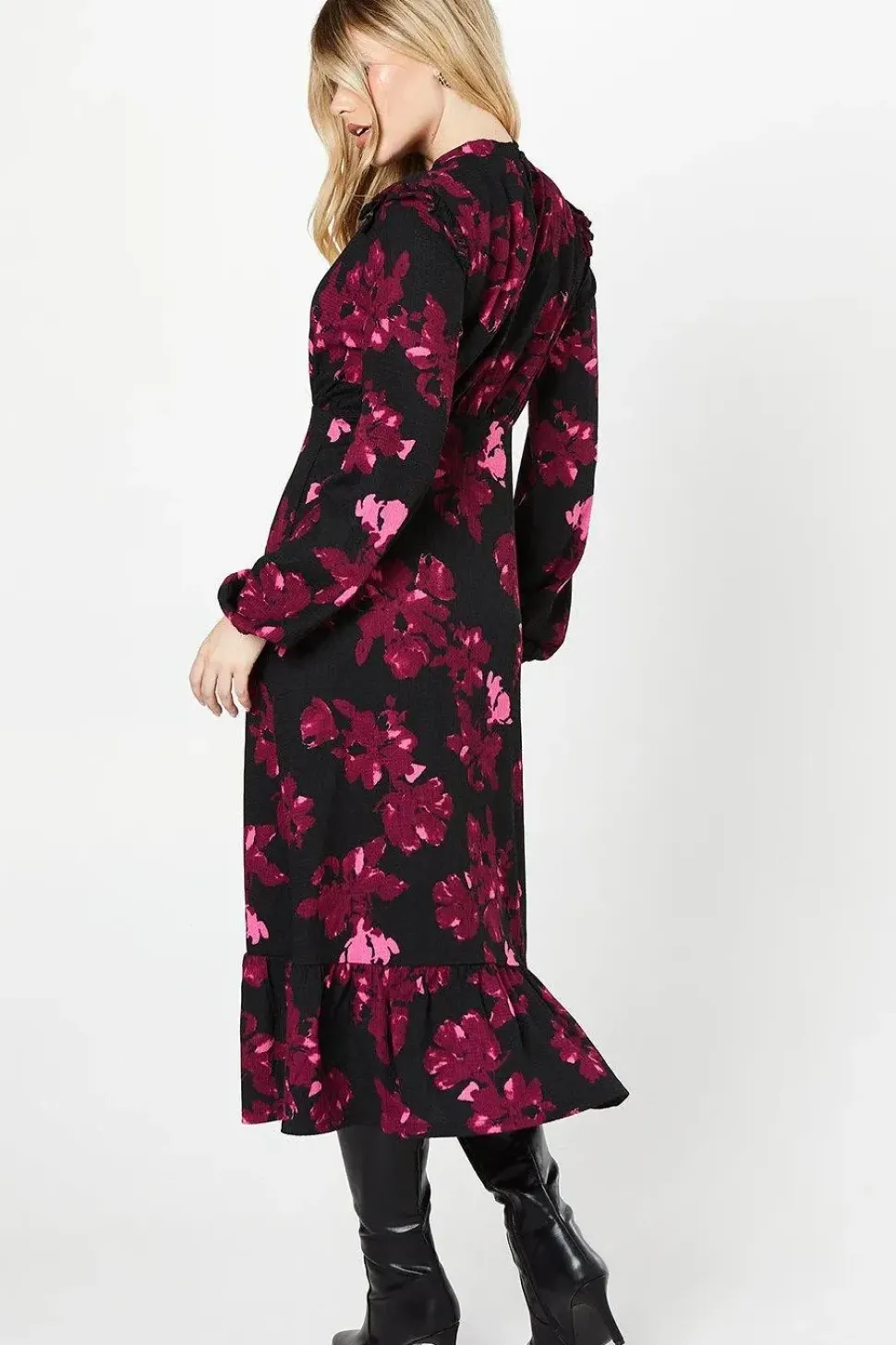 Pink Floral Ruffle Hem Long Sleeve Midi Dress