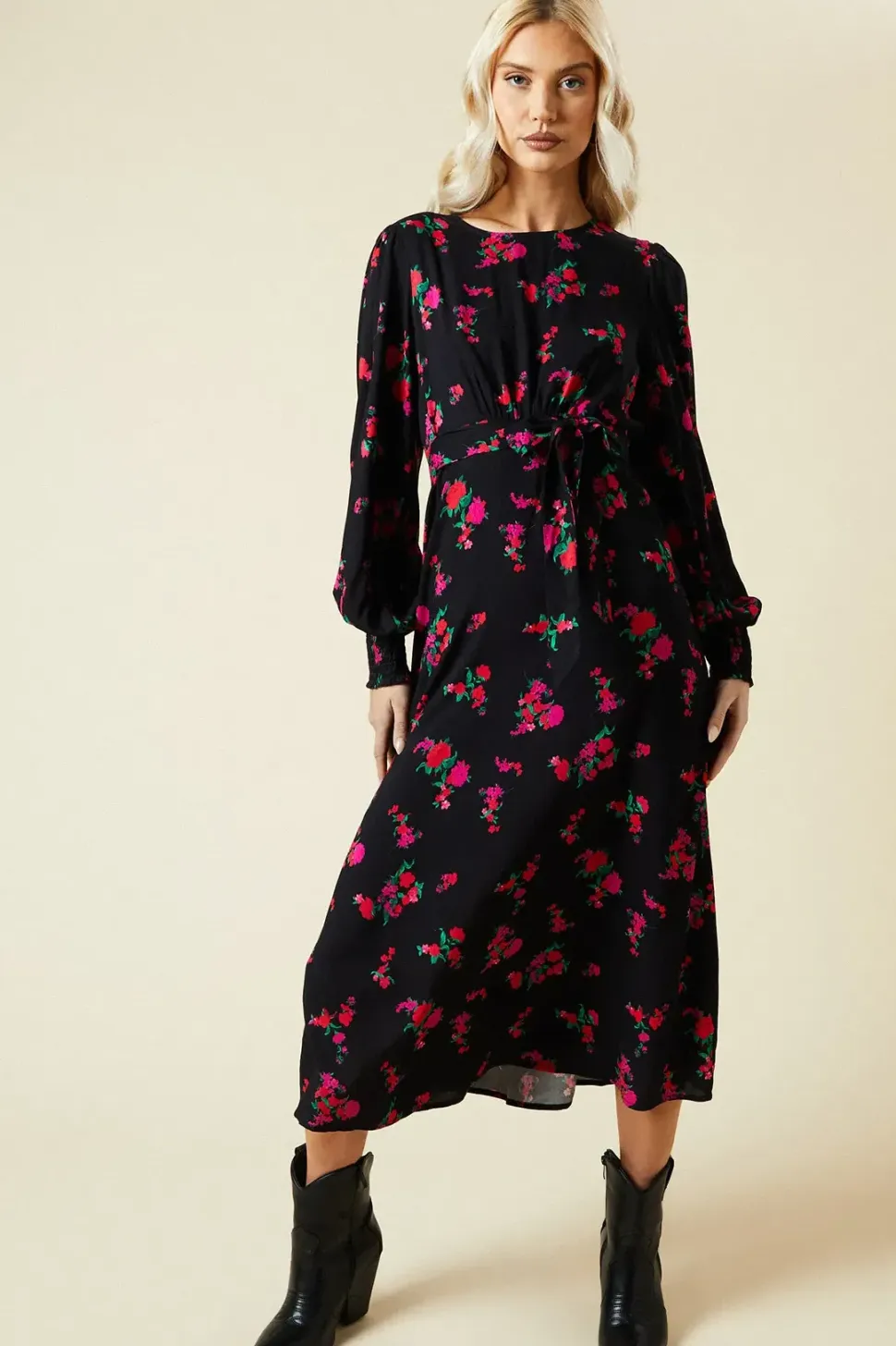 Pink Floral Shirred Cuff Midi Dress