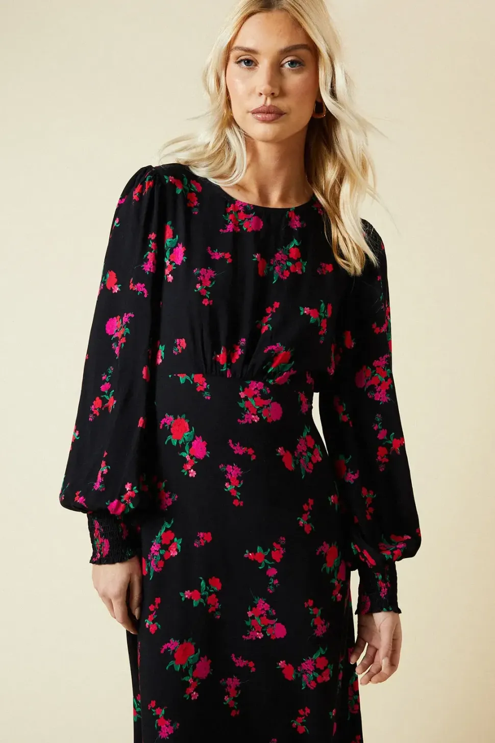 Pink Floral Shirred Cuff Midi Dress
