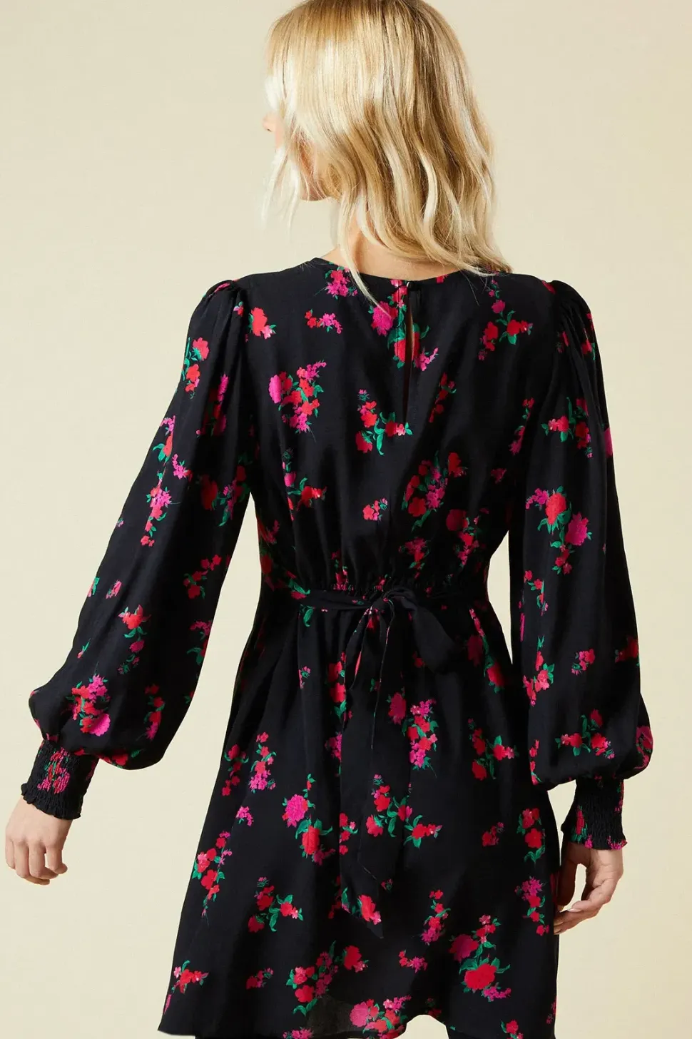 Pink Floral Shirred Cuff Mini Dress