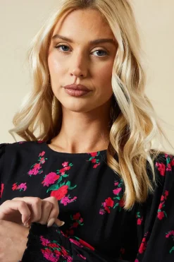 Pink Floral Shirred Cuff Mini Dress