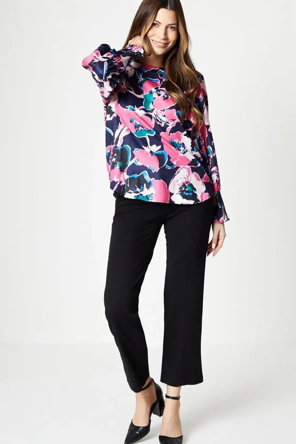 Pink Floral Shirred Cuff Top