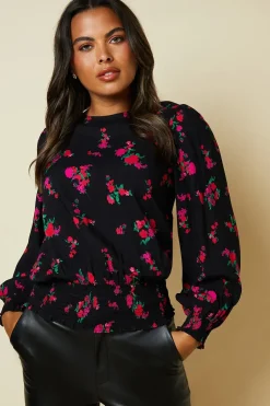 Pink Floral Shirred Hem Top