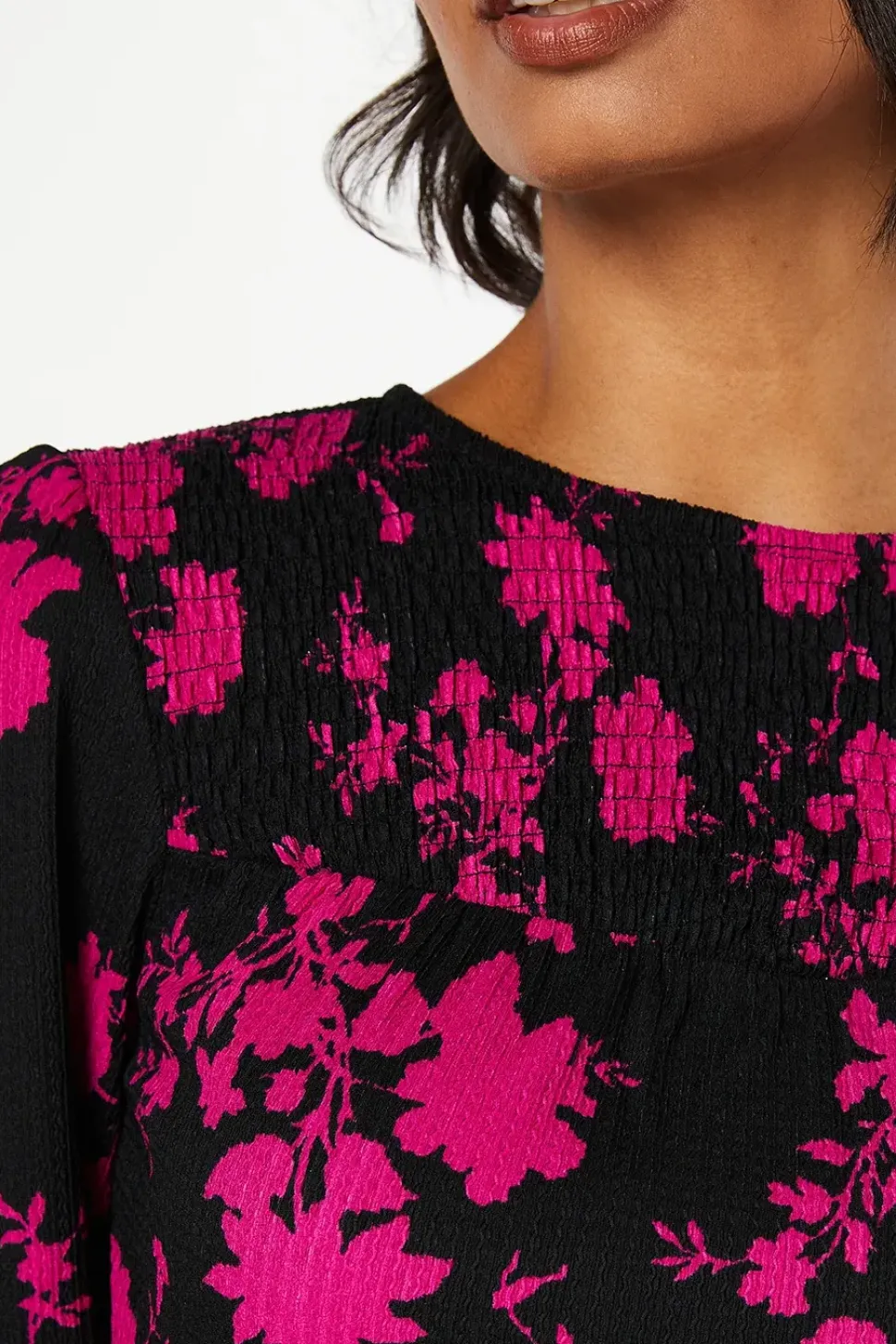 Pink Floral Shirred Yoke Mini Dress