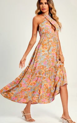 Pink Flora Print Halter Neck Tie Back Maxi Dress In Grey