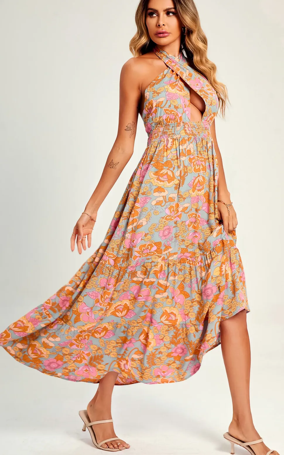 Pink Flora Print Halter Neck Tie Back Maxi Dress In Grey
