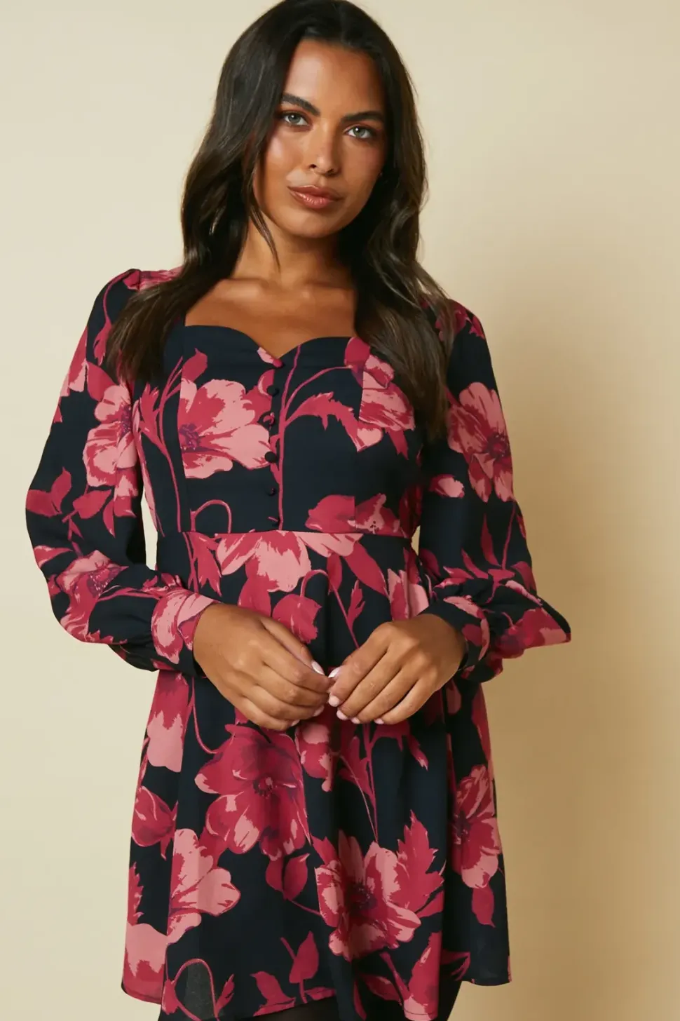 Pink Large Floral button front mini dress