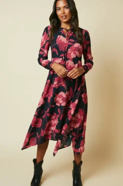 Pink large floral tie front hanky hem dress