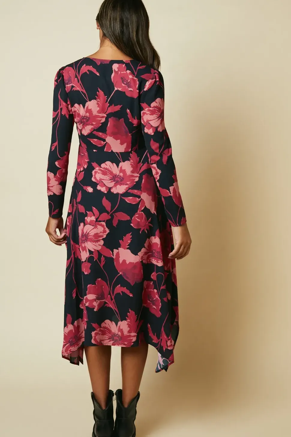 Pink large floral tie front hanky hem dress