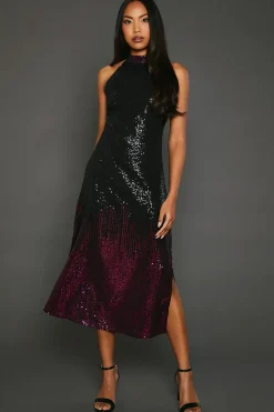 Pink Ombre Sequin Halterneck Midi Dress