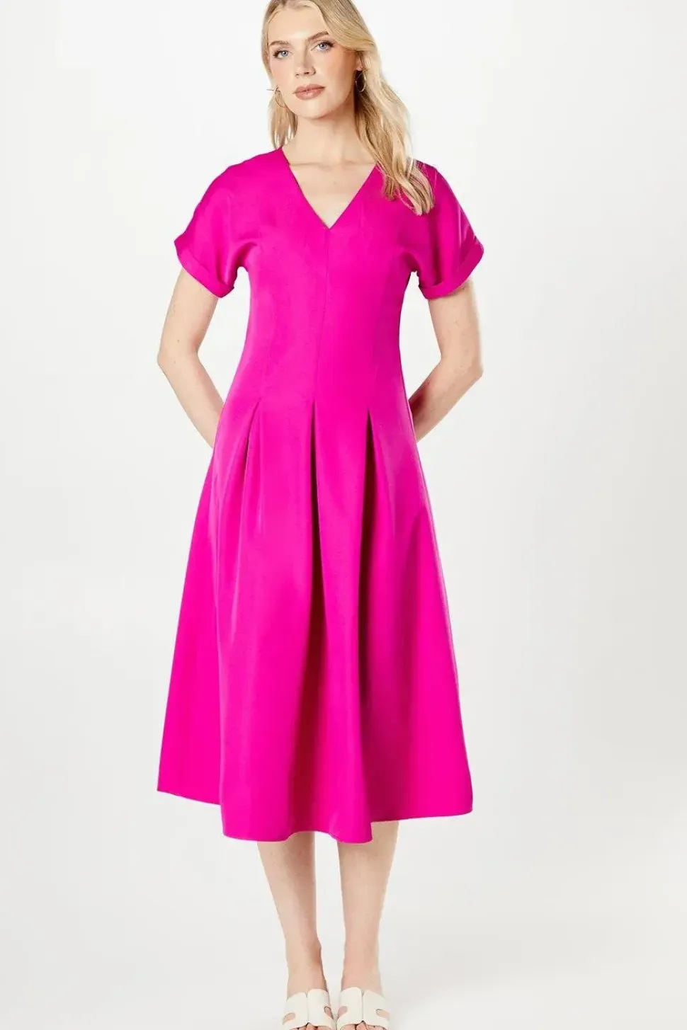 Pink Pleat Detail Midi Dress