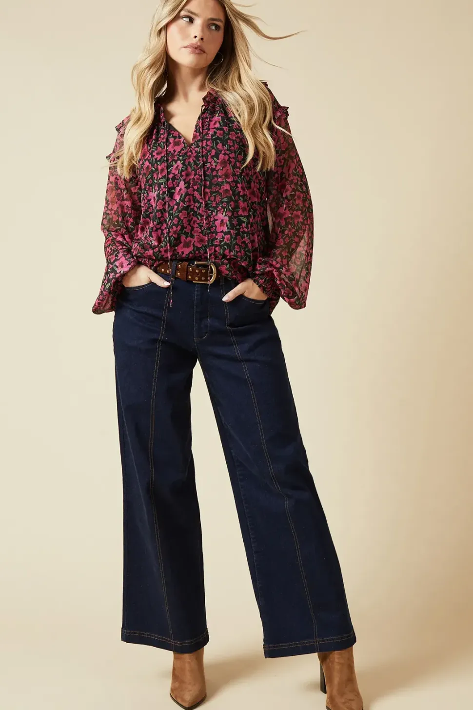 Pink Spaced Floral Ruffle Sleeve Overhead Blouse