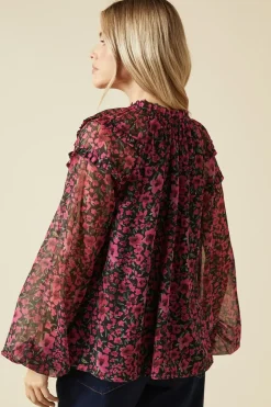 Pink Spaced Floral Ruffle Sleeve Overhead Blouse