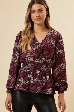 Pink Spot V Neck Shirred Waist Blouse