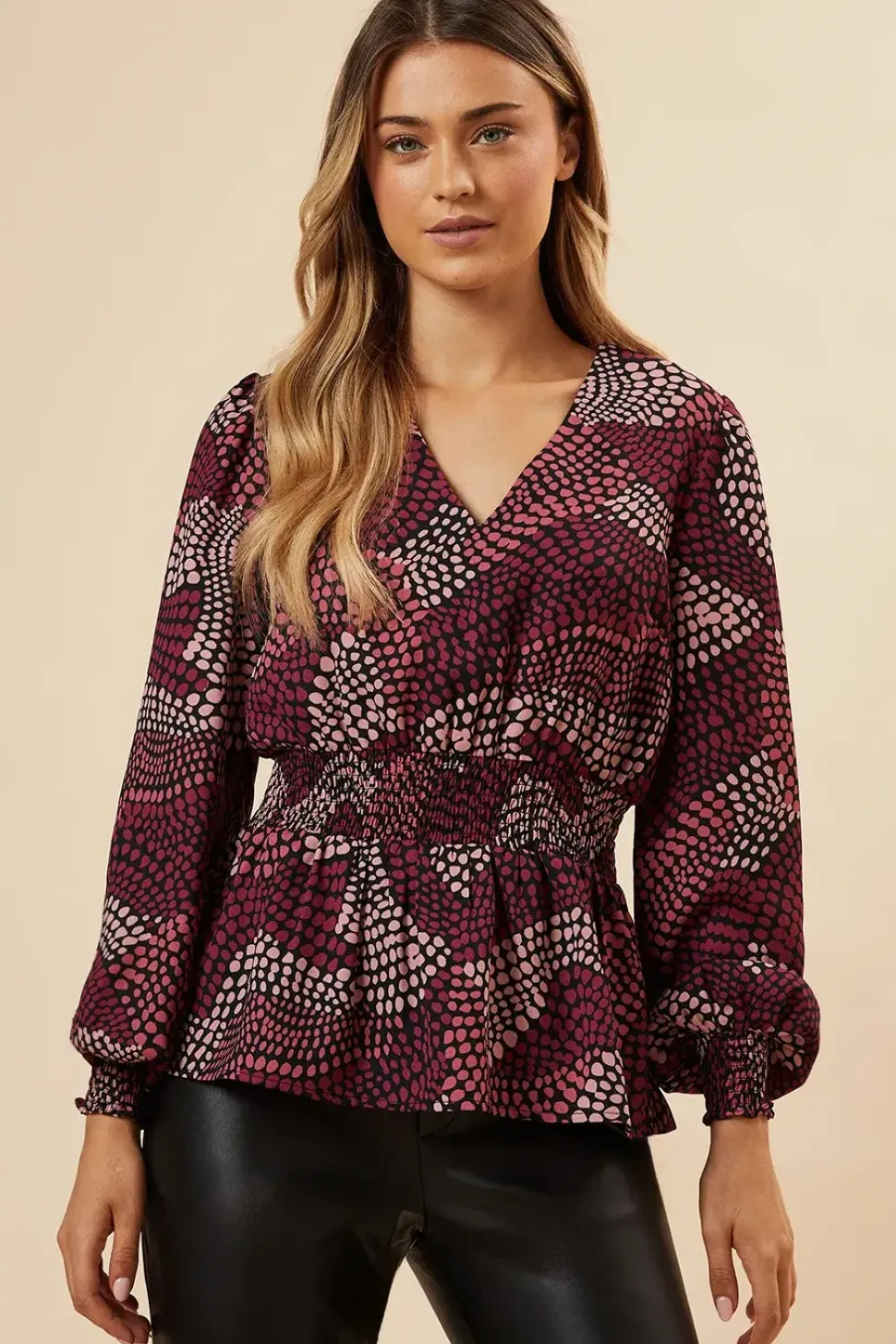 Pink Spot V Neck Shirred Waist Blouse