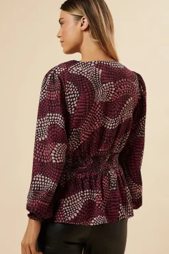 Pink Spot V Neck Shirred Waist Blouse