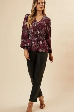 Pink Spot V Neck Shirred Waist Blouse