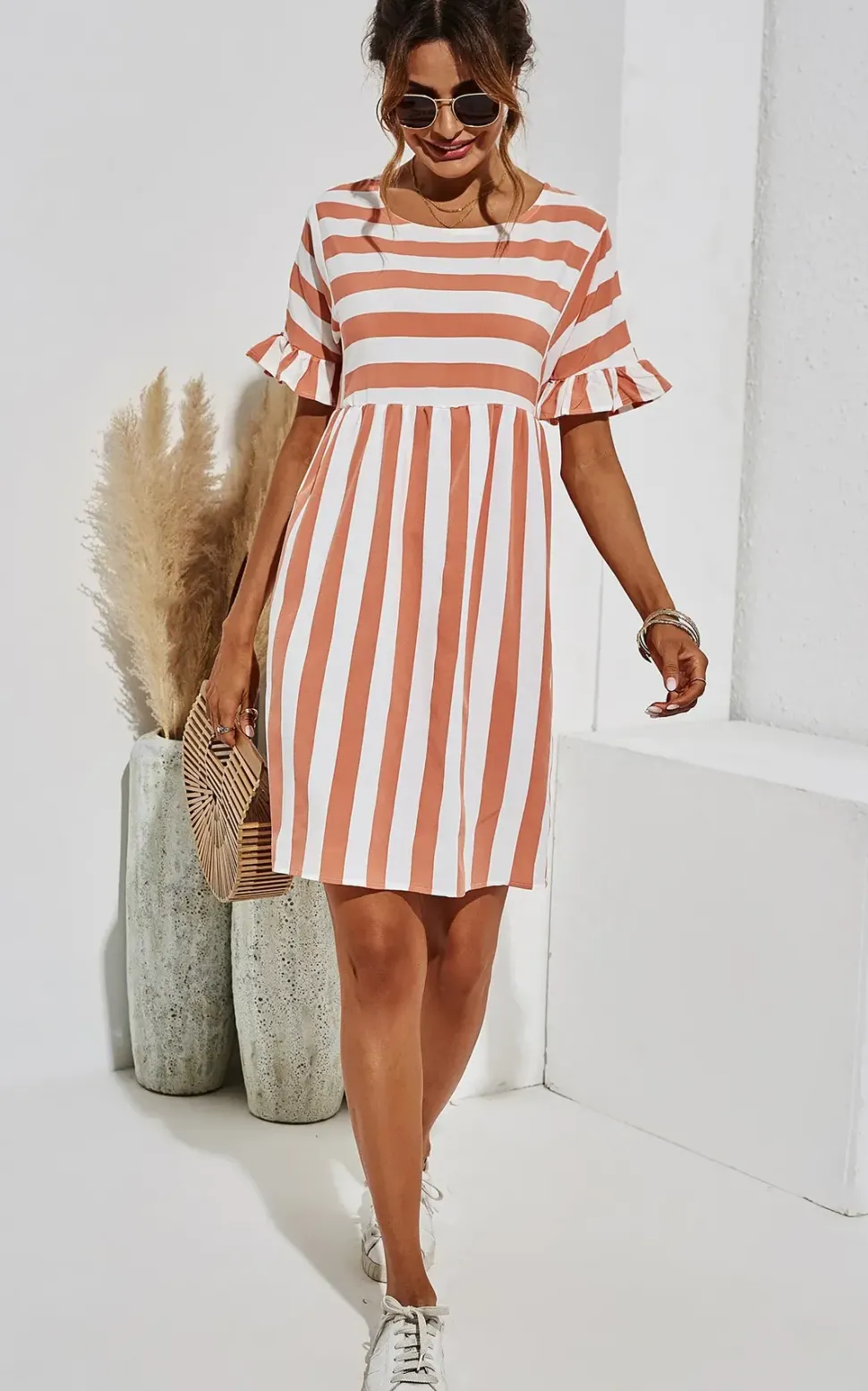 Pink Striped Smock Dress In White