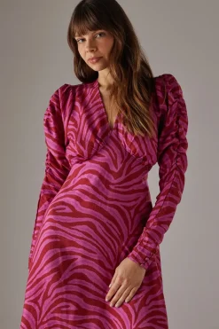 Pink Zebra Print Viscose V Neck Long Puff Sleeve Midi