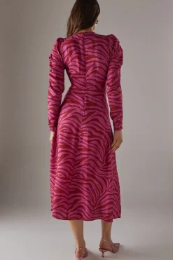 Pink Zebra Print Viscose V Neck Long Puff Sleeve Midi