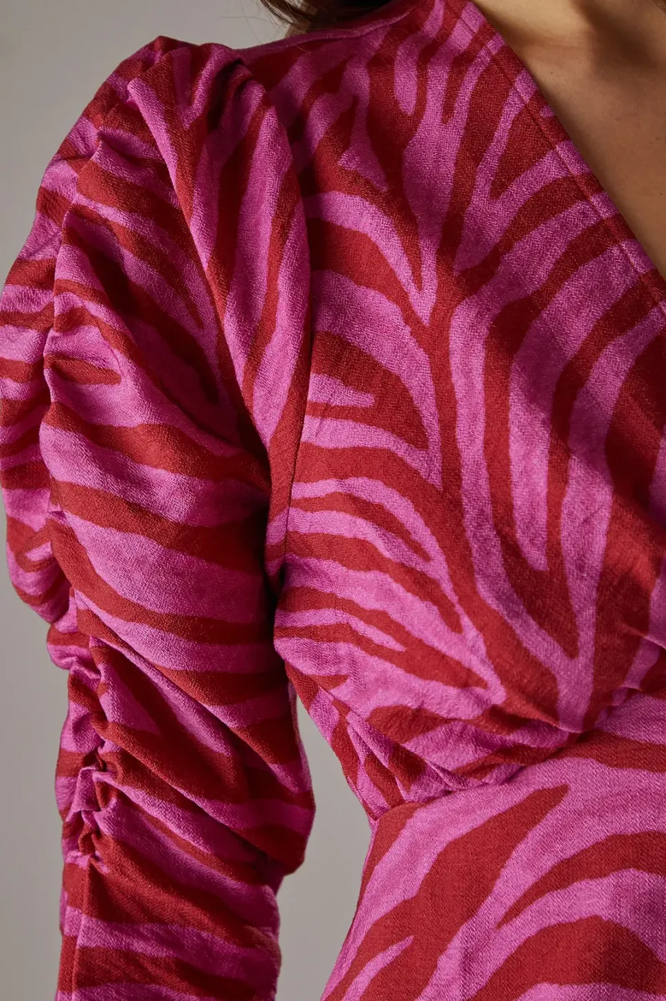 Pink Zebra Print Viscose V Neck Long Puff Sleeve Midi