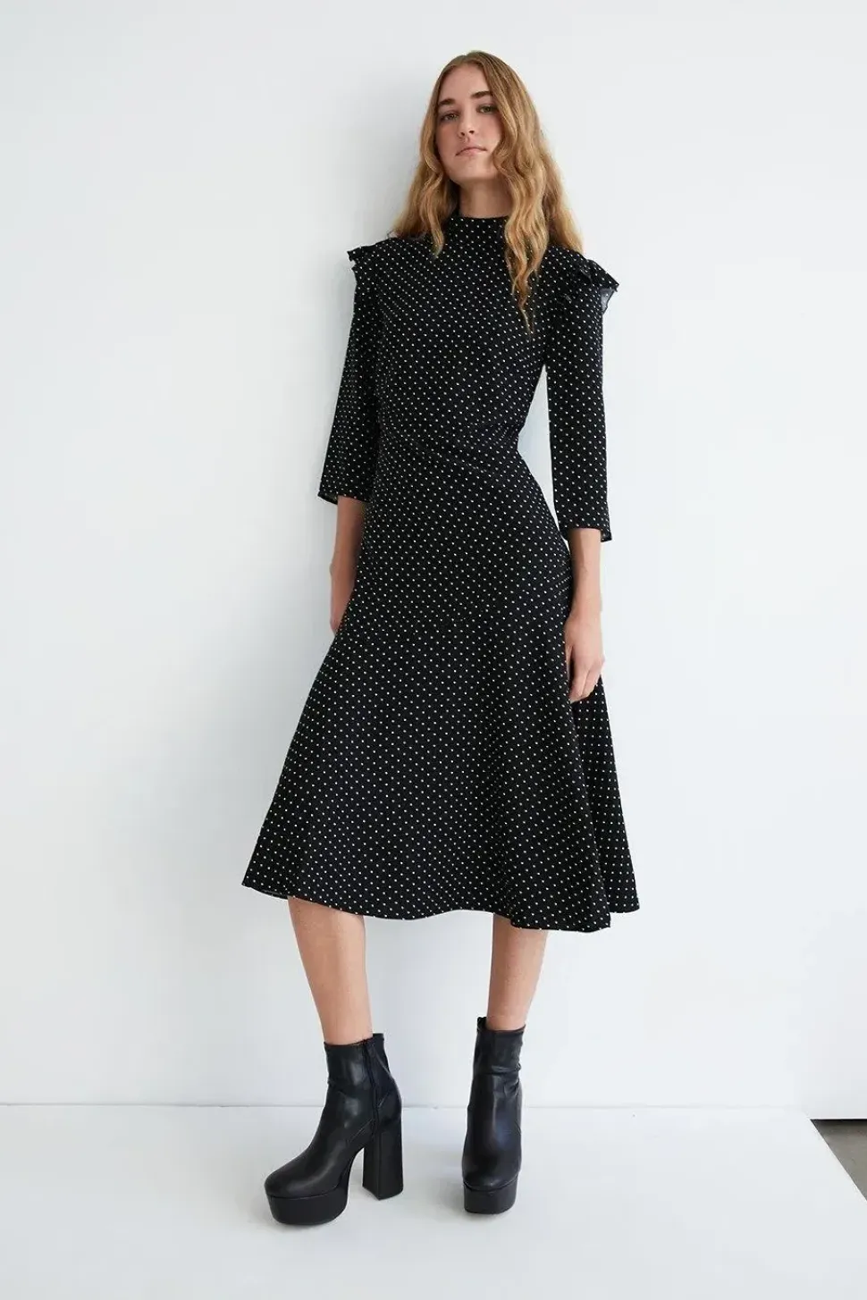 Pinspot Flippy Mock Neck Ruffle Midi Dress