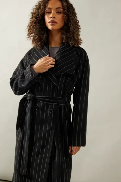 Pinstripe Shawl Collar Belted Coat