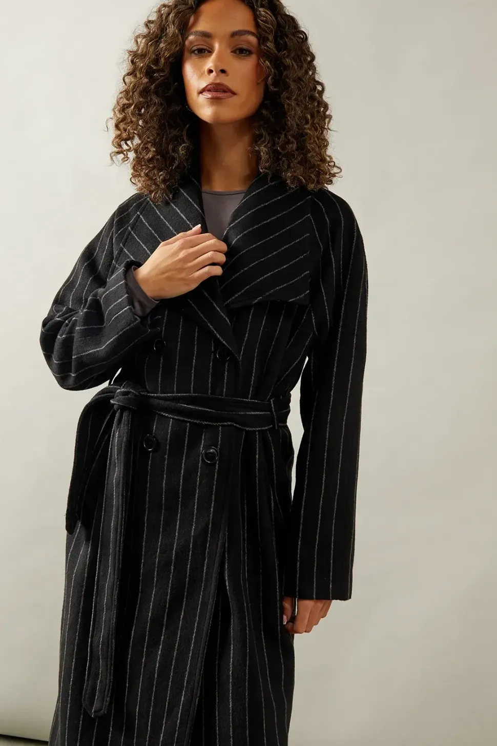 Pinstripe Shawl Collar Belted Coat