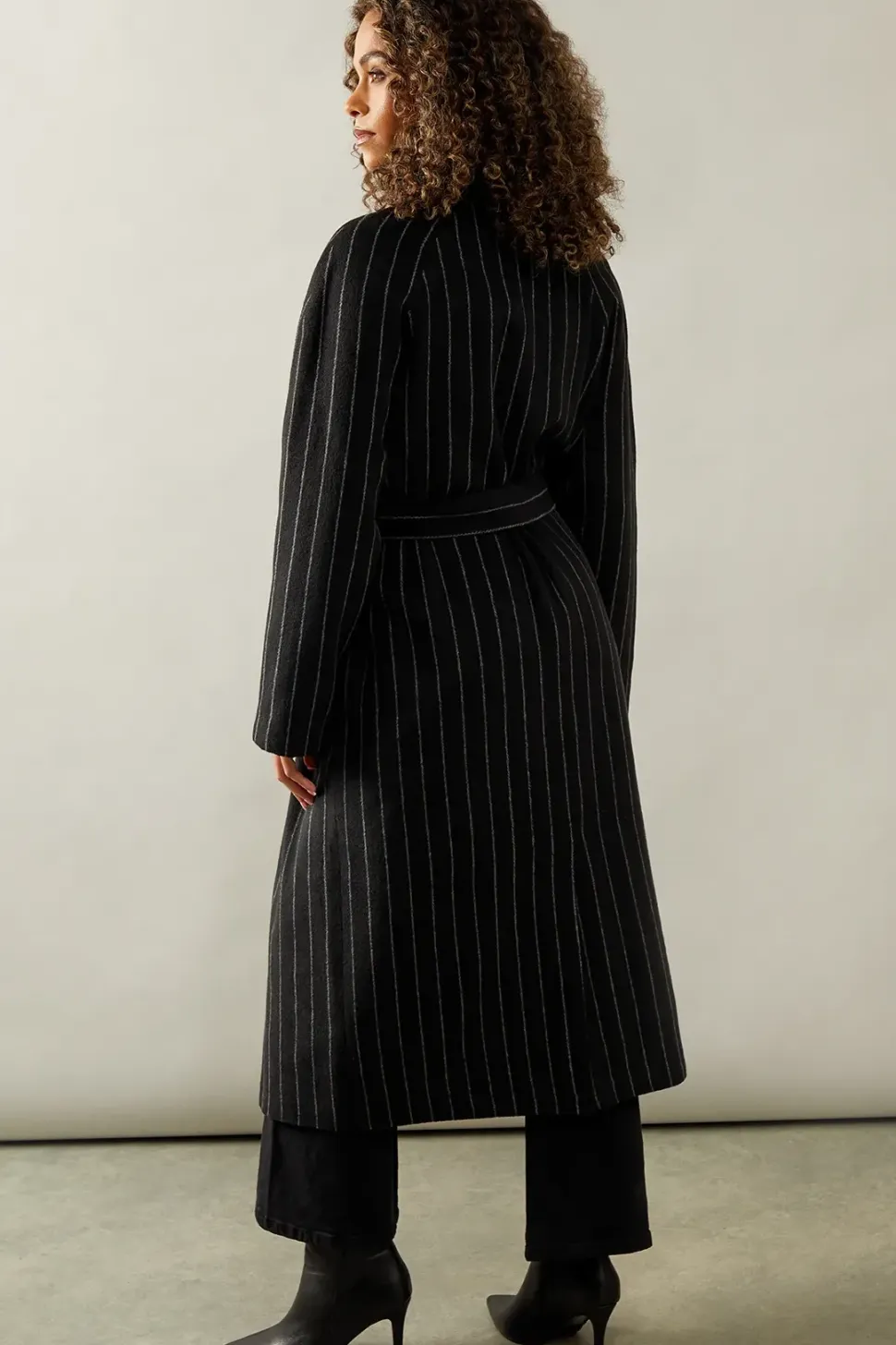 Pinstripe Shawl Collar Belted Coat