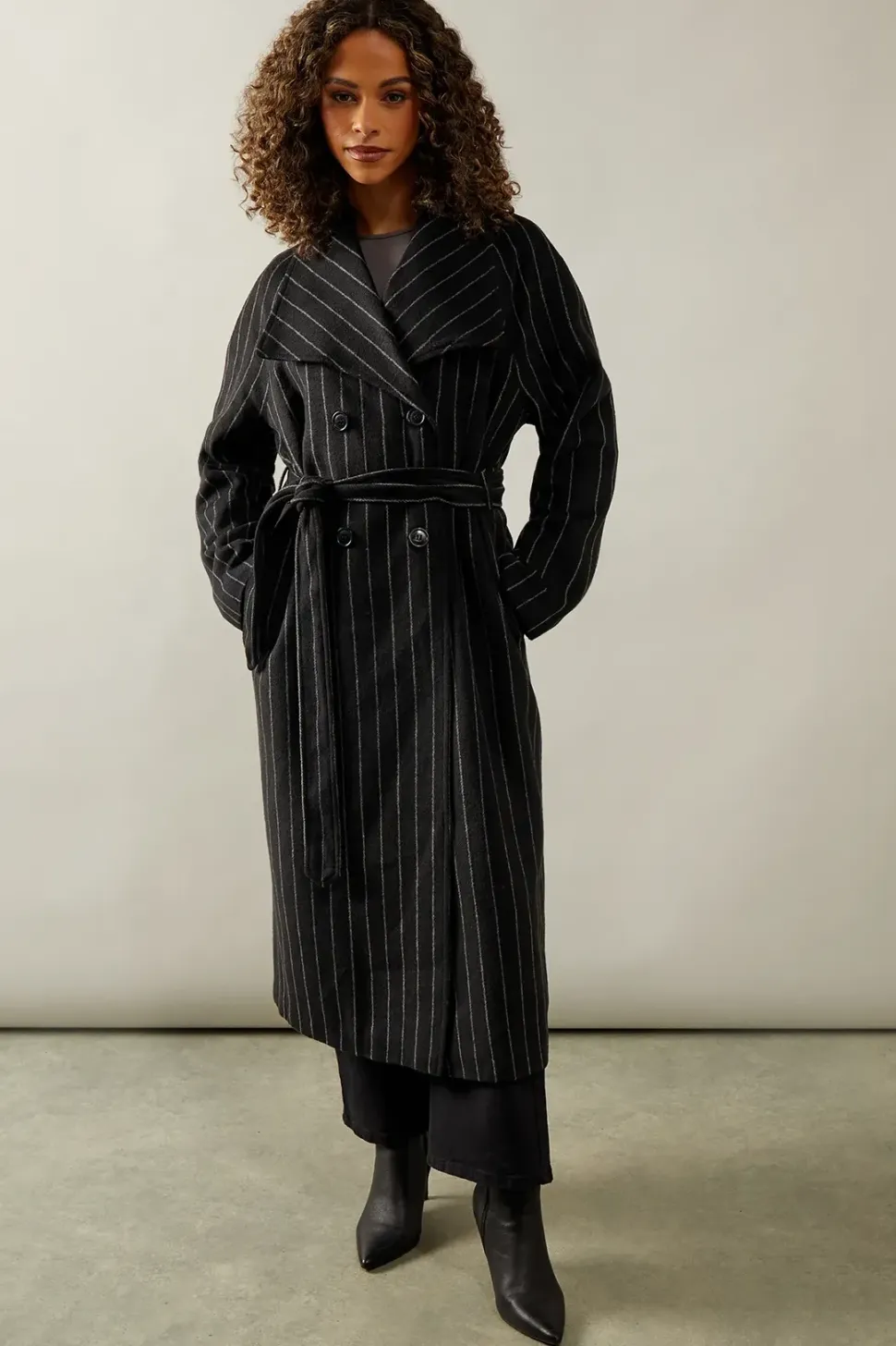 Pinstripe Shawl Collar Belted Coat