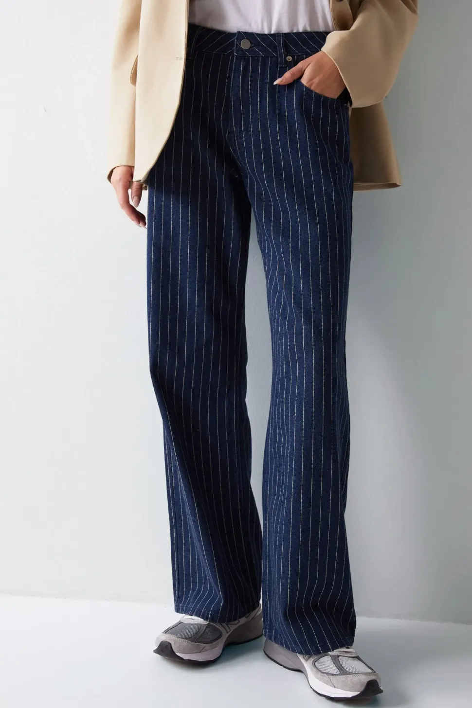 Pinstripe Straight Leg Denim Jeans
